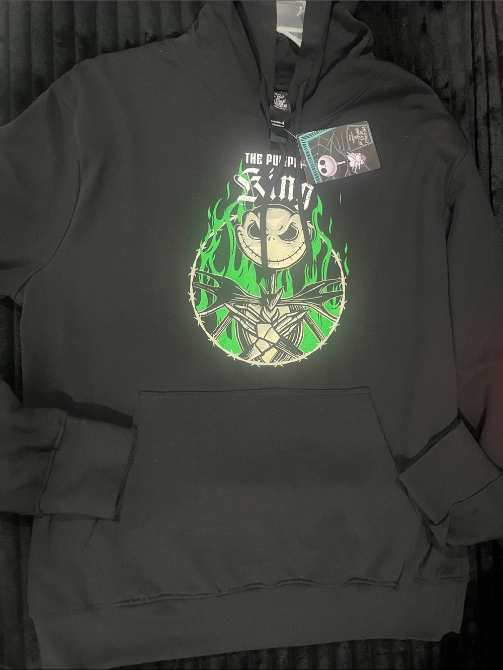 Disney Black Hoodie with Neon Green Flame Jack Skellington Graphic NWT - Picture 3 of 6